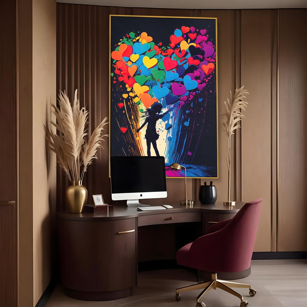 Tablou canvas cu tablou canvas cu silueta si inimi colorate, in rama de aluminiu auriu, pe perete intr-un birou